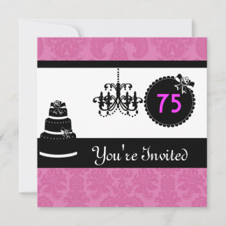 75. Geburtstagsparty Black & White & Pink Damask i Einladung