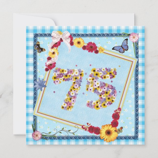 75. Geburtstagsparty Einladung Blume, Schmetterlin (Vorderseite)