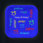 75. Geburtstagsparty Wiederholung Name Royal Blue  Pappteller<br><div class="desc">Was für eine wunderschöne, personalisierte Papiertafel für eine 75. Geburtstagsfeier oder andere Anlässe. Name und Alter wiederholen sich in verschiedenen Schriftart und Primärfarben auf einem hellblauen Hintergrund. Einfach zu personalisieren - einfach den Namen, das Alter und die OCCASION an einem Ort ändern. Unterstützt Namen bis zu 9 Zeichen. Wählen Sie...</div>