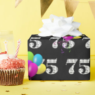 75. Happy Birthday Balloons auf schwarz Geschenkpapier