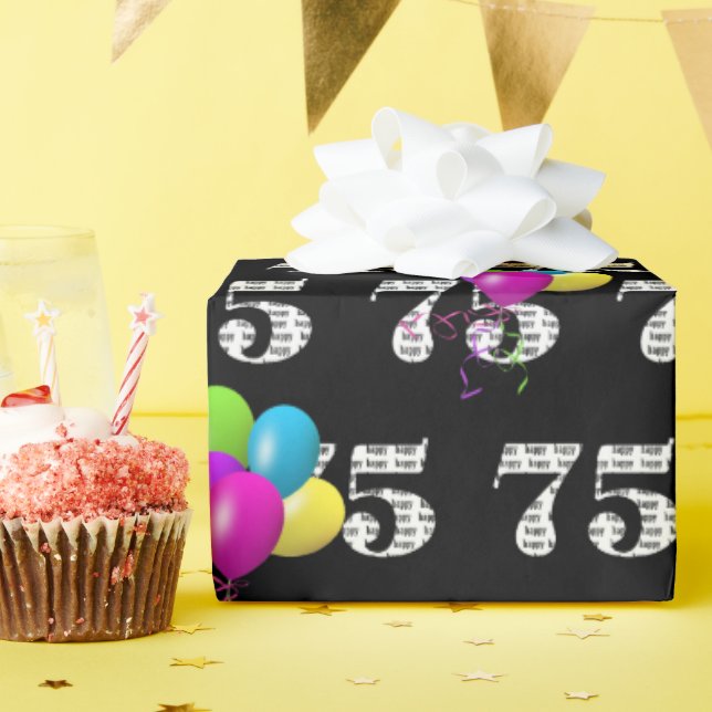 75. Happy Birthday Balloons auf schwarz Geschenkpapier (Geburtstagsparty)