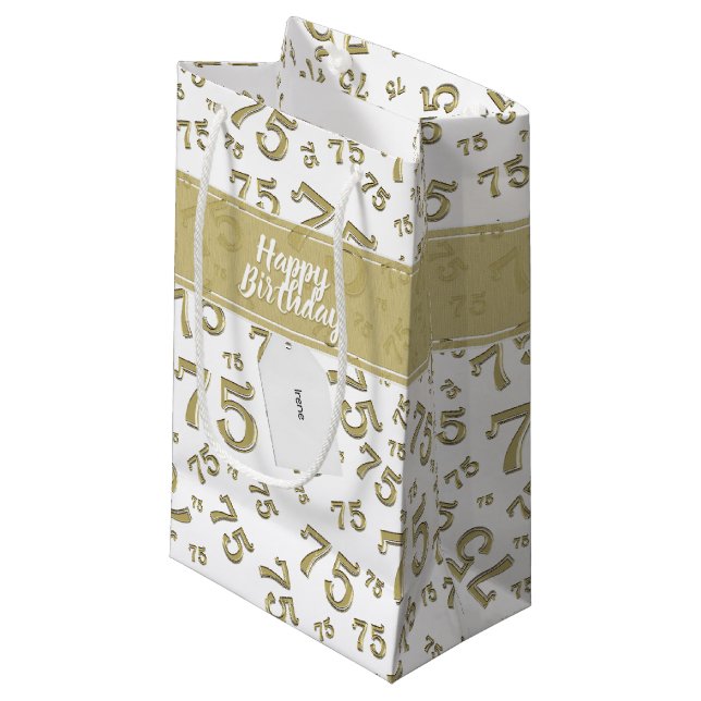 75. Happy Birthday Gold/White Number Pattern Kleine Geschenktüte (Vorderseite Schrägansicht)