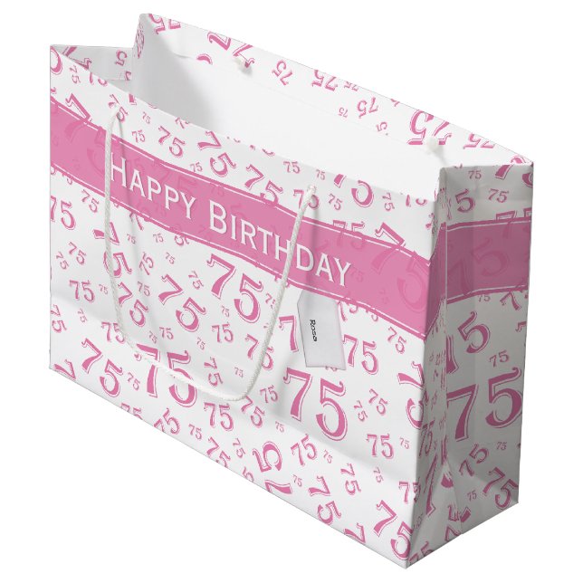 75. Happy Birthday Pink/White Number Pattern Große Geschenktüte (Vorderseite Schrägansicht)