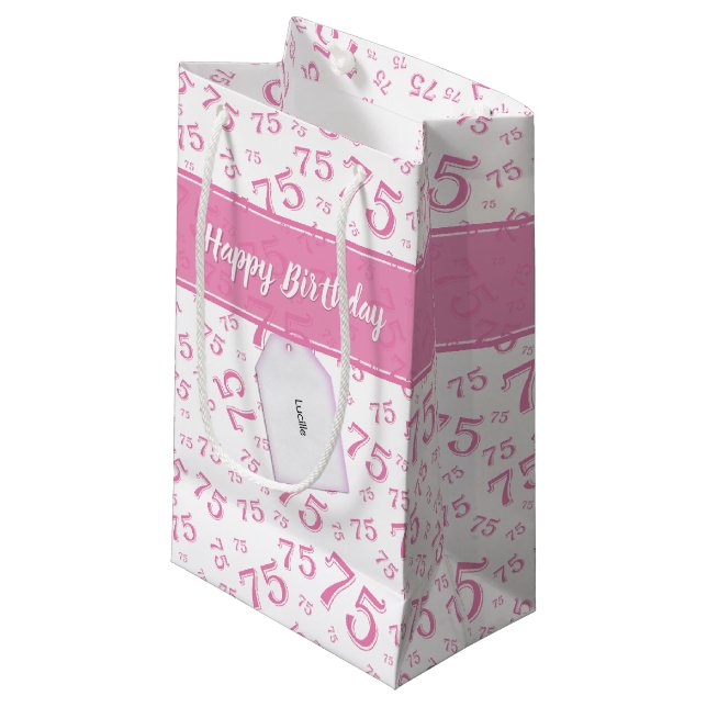 75. Happy Birthday Pink/White Number Pattern Kleine Geschenktüte (Vorderseite Schrägansicht)