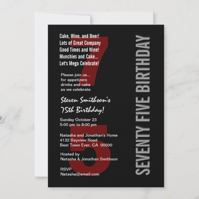 75. Modern Birthday Black Red Premium Paper V04 Einladung (Vorderseite)