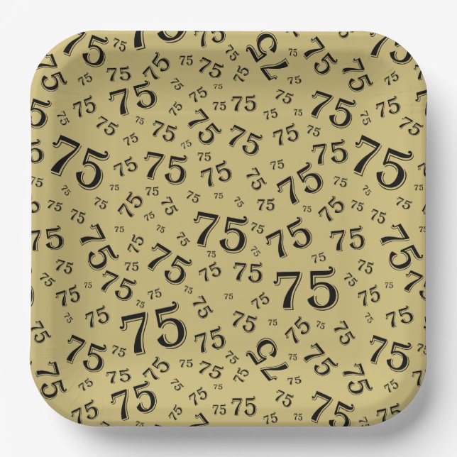 75. Party Random Number Pattern Black/Gold Pappteller (Vorderseite)