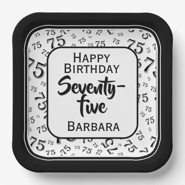 75. Party Random Number Pattern Schwarz/Weiß Pappteller (Vorderseite)