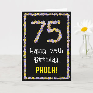 75th Birthday: Floral Flowers Number, Custom Name Karte