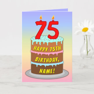 75th Birthday — Fun Cake & Candles, w/ Custom Name Karte