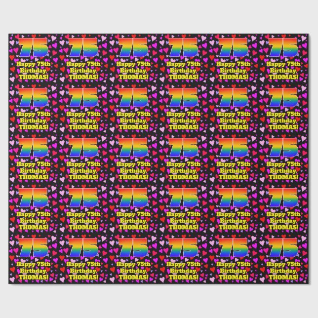 75th Birthday: Loving Hearts Pattern, Rainbow # 75 Geschenkpapier (Flach)