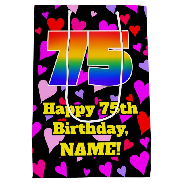 75th Birthday: Loving Hearts Pattern, Rainbow # 75 Mittlere Geschenktüte (Rückseite)