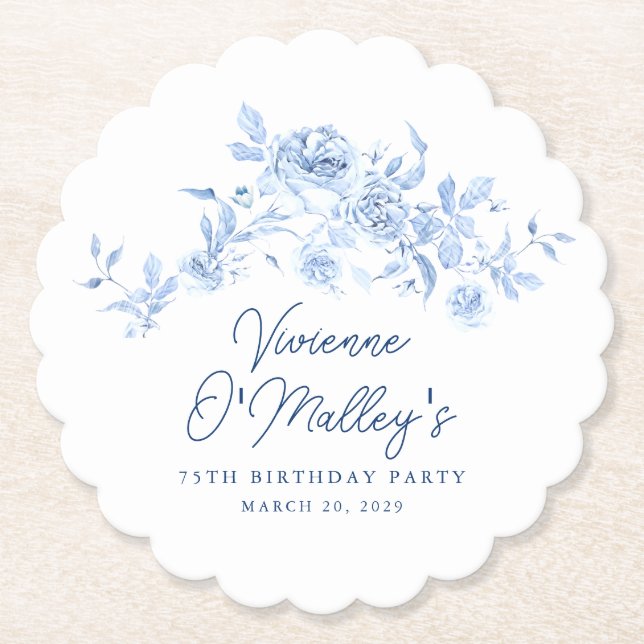 75th Birthday Party Blue Rose Floral Custom Untersetzer (Vorderseite)