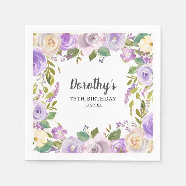 75th Birthday Party Purple Floral Monogram  Serviette (Vorderseite)