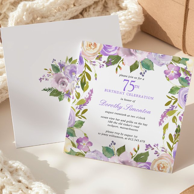 75th Birthday Pretty Purple Floral Invitation Einladung (Von Creator hochgeladen)