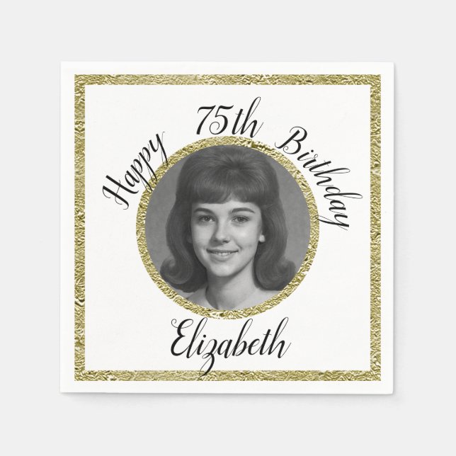 75th Custom Photo White and Gold Birthday Serviette (Vorderseite)