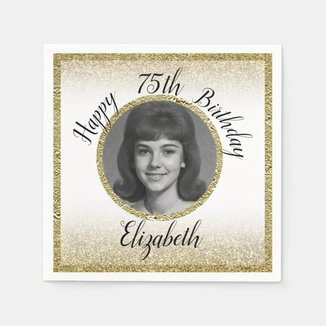 75th Custom Photo White and Gold Birthday Serviette (Vorderseite)
