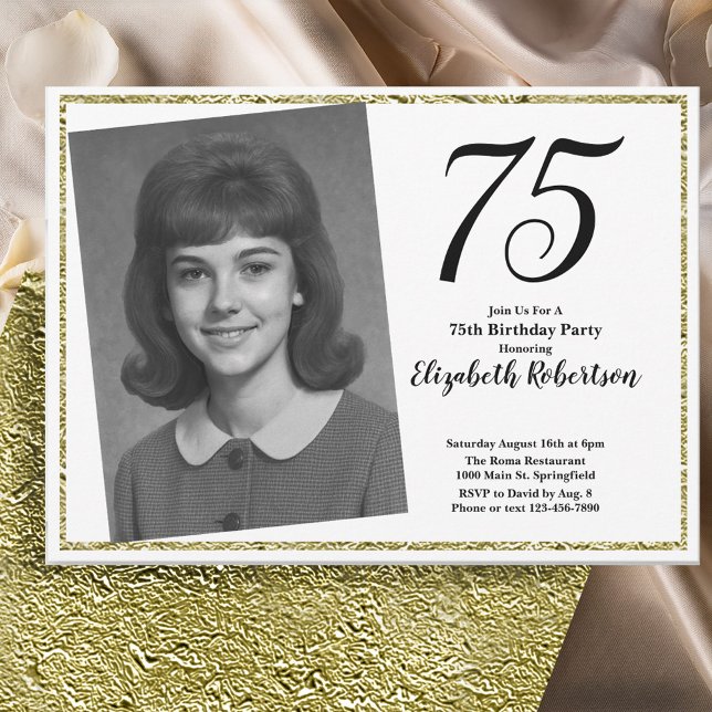 75th Custom Photo White and Gold  Einladung (Von Creator hochgeladen)