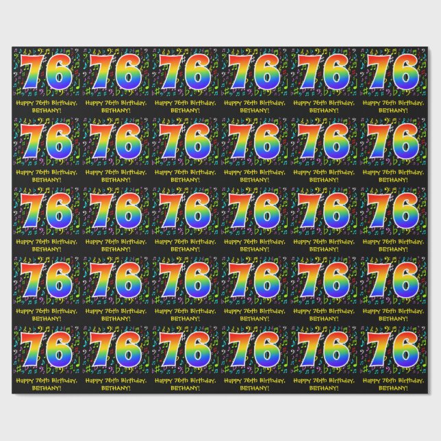 76. Geburtstag: Farbige Musiksymbole, Regenbogen 7 Geschenkpapier (Flach)
