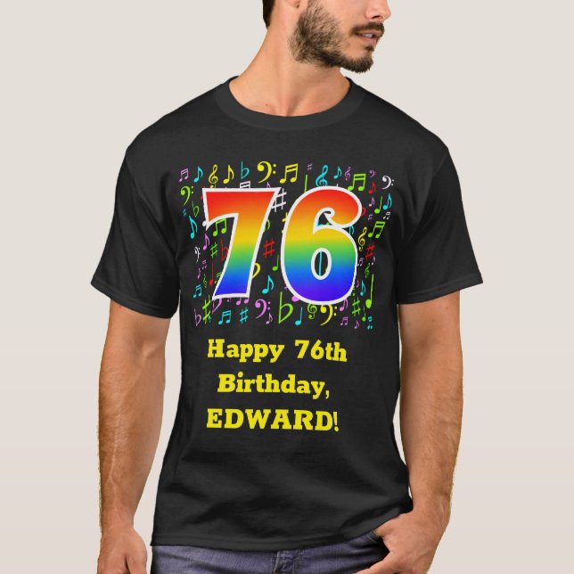 76. Geburtstag: Farbige Musiksymbole, Regenbogen 7 T-Shirt (Vorderseite)