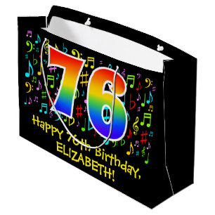 76. Geburtstag - Farbige Musiksymbole, Regenbogen Große Geschenktüte