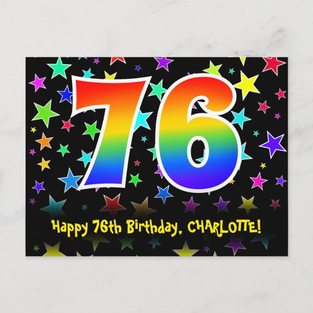 76. Geburtstag: Fun Stars Pattern, Regenbogen 76,  Postkarte (Vorderseite)
