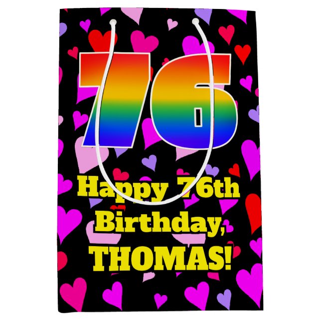 76. Geburtstag: Loving Hearts Pattern, Regenbogen  Mittlere Geschenktüte (Vorderseite)