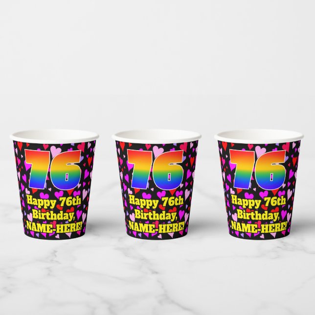 76. Geburtstag: Loving Hearts Pattern, Regenbogen  Pappbecher (Multi)