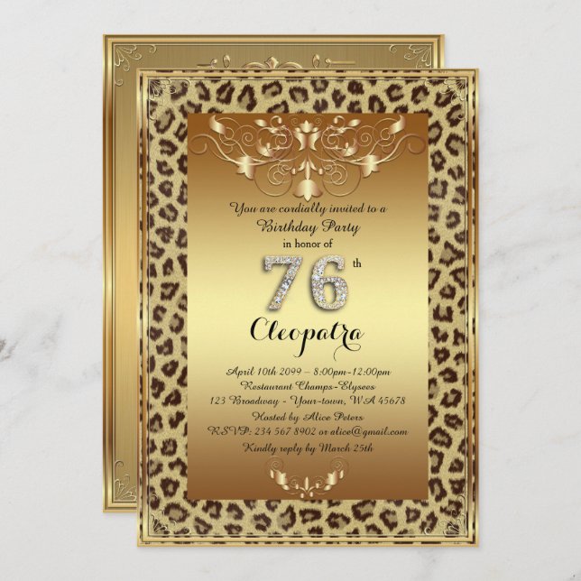 76. Geburtstagsparty 76., Royal Cheetah Gold plus Einladung (Vorne/Hinten)