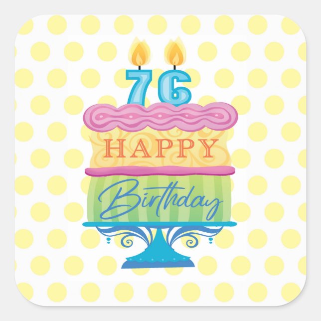 76. Happy Birthday Cake Yellow Dots Quadratischer Aufkleber (Vorderseite)