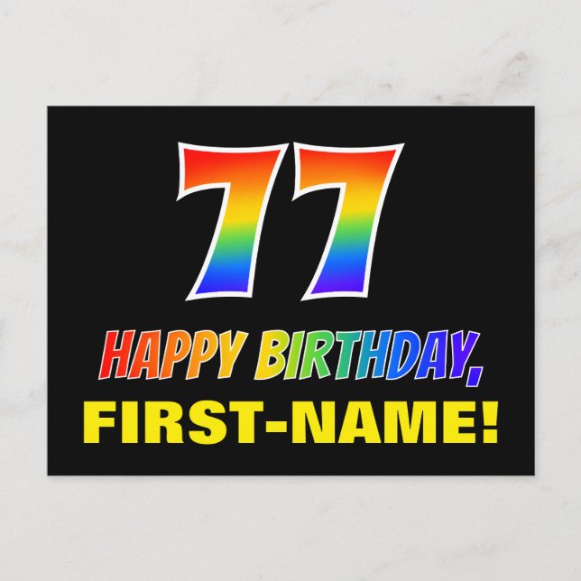 77. Geburtstag: Bold, Fun, Simple, Rainbow 77 Postkarte (Vorderseite)