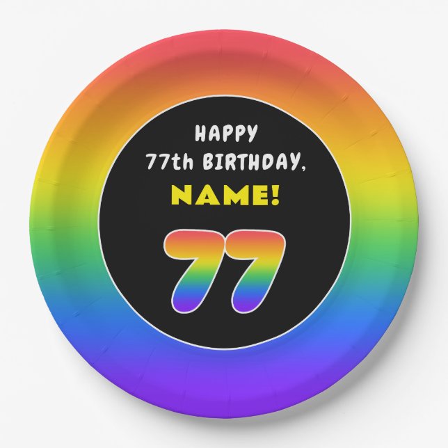 77. Geburtstag: Farbiger Regenbogen # 77, Individu Pappteller (Vorderseite)