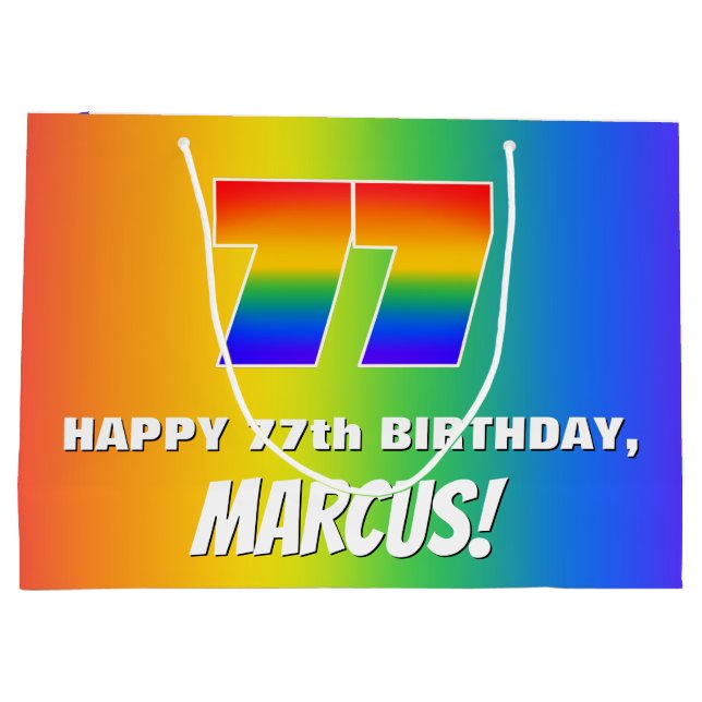 77. Geburtstag: Farbiges, lustiges Regenbogenmuste Große Geschenktüte (Rückseite)