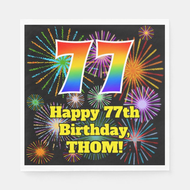 77. Geburtstag: Fun Fireworks Pattern + Rainbow 77 Serviette (Vorderseite)