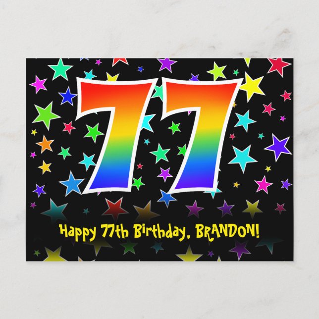 77. Geburtstag: Fun Stars Pattern, Regenbogen 77,  Postkarte (Vorderseite)