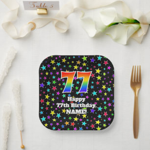 77. Geburtstag: Fun Stars Pattern und Regenbogen " Pappteller