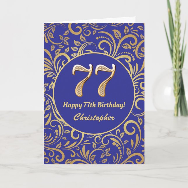 77. Geburtstag Navy Blue and Gold Floral Muster Karte (Vorderseite)