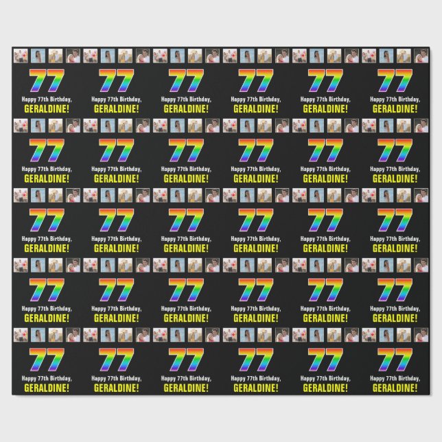 77. Geburtstag: Regenbogen "77"; benutzerdefiniert Geschenkpapier (Saum)