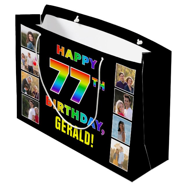 77. Geburtstag: Regenbogentext, benutzerdefinierte Große Geschenktüte (Rückseite Schrägansicht)