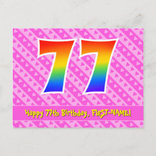 77. Geburtstag: Rosa Streifen & Herzen, Regenbogen Postkarte