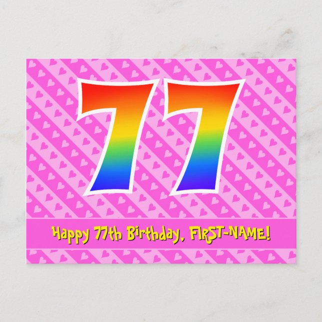 77. Geburtstag: Rosa Streifen und Herz, Regenbogen Postkarte (Vorderseite)