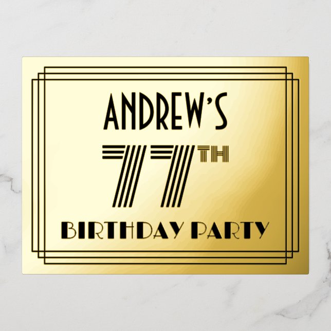 77th Birthday Party Art Deco Style "77" + Name Folie Einladungspostkarte (Vorderseite)