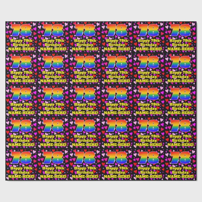 78. Geburtstag: Loving Hearts Pattern, Regenbogen  Geschenkpapier (Saum)