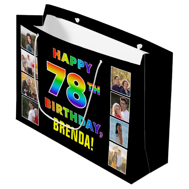 78. Geburtstag: Regenbogentext, benutzerdefinierte Große Geschenktüte (Vorderseite Schrägansicht)