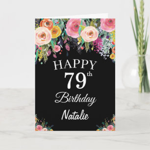 79. Geburtstag Aquarell Blumen Schwarz Karte
