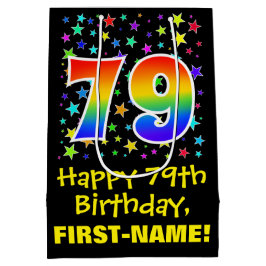 79. Geburtstag: Farbenfrohe Sterne Muster & Regenb Mittlere Geschenktüte