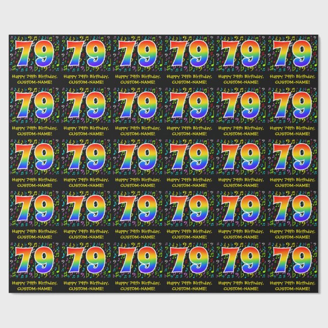 79. Geburtstag: Farbige Musiksymbole, Regenbogen 7 Geschenkpapier (Flach)