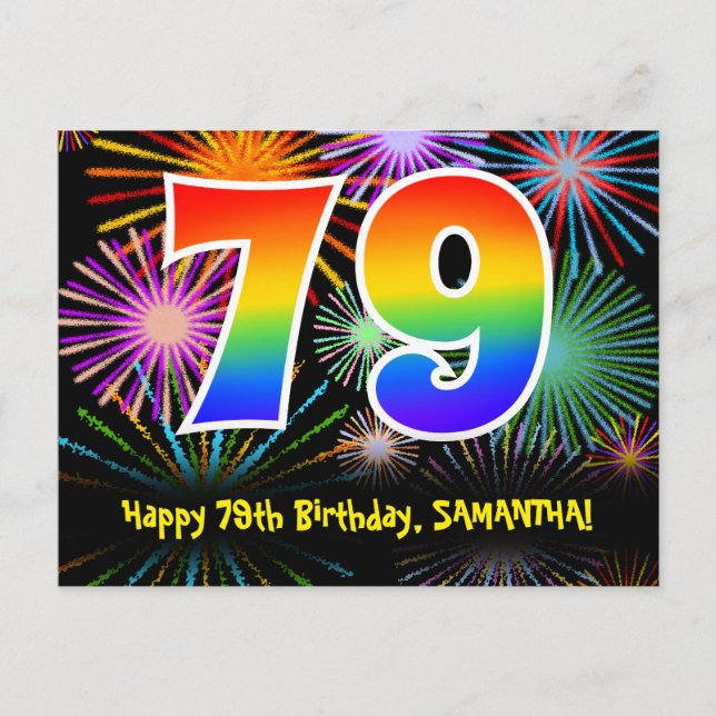 79. Geburtstag - Fun Fireworks Pattern + Regenboge Postkarte (Vorderseite)
