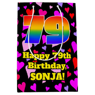 79. Geburtstag: Loving Hearts Pattern, Regenbogen Mittlere Geschenktüte