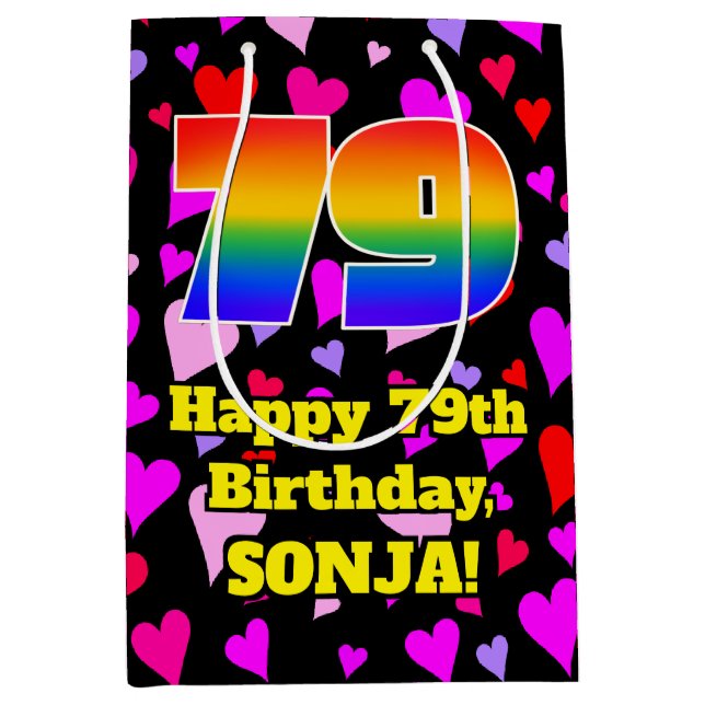 79. Geburtstag: Loving Hearts Pattern, Regenbogen  Mittlere Geschenktüte (Vorderseite)