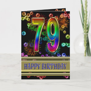 79. Geburtstag mit Regenbogenblasen und Feuerwerk Karte